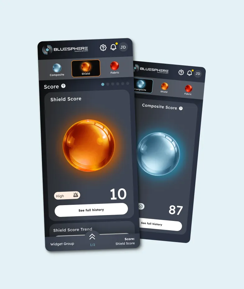 Vista de la plataforma BlueSphere con alertas y gestión de vulnerabilidades.