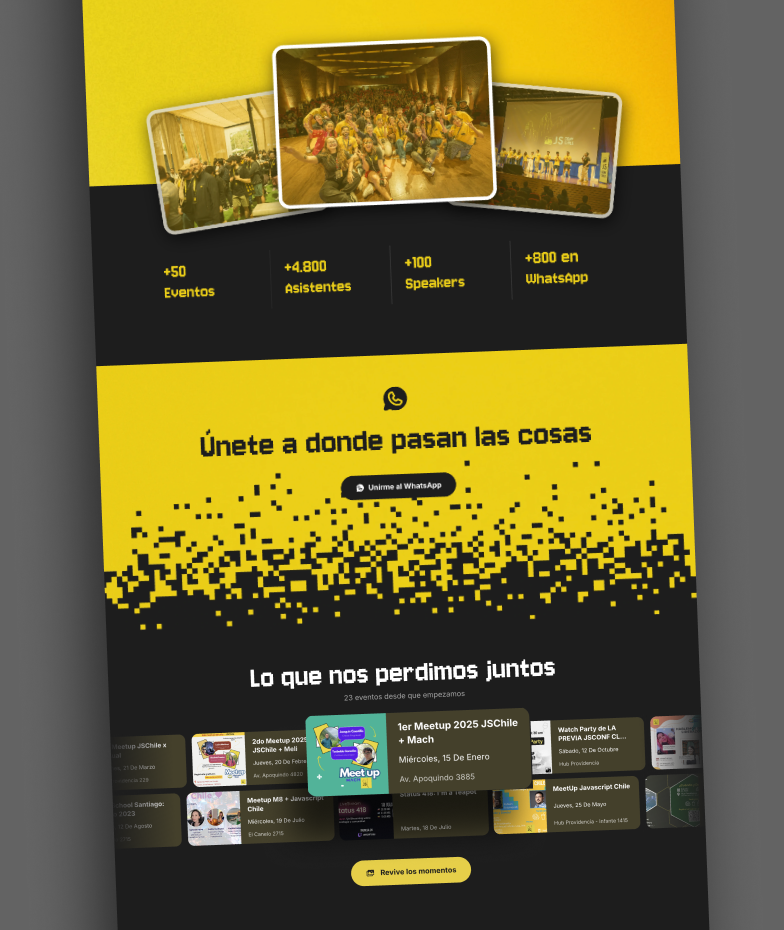 Landing page de JSChile mostrando el hero con fotos de eventos, estadísticas de la comunidad y sección de eventos pasados.
