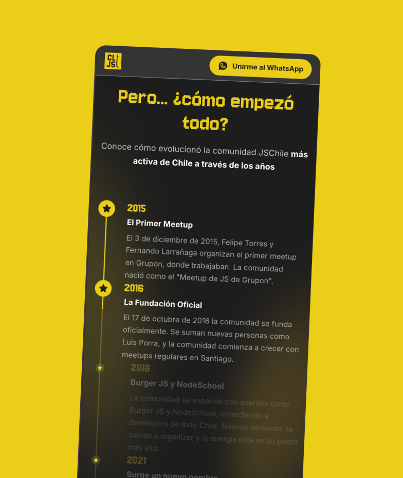 Sección de historia de JSChile con línea de tiempo desde 2015 hasta el presente, sobre fondo amarillo.