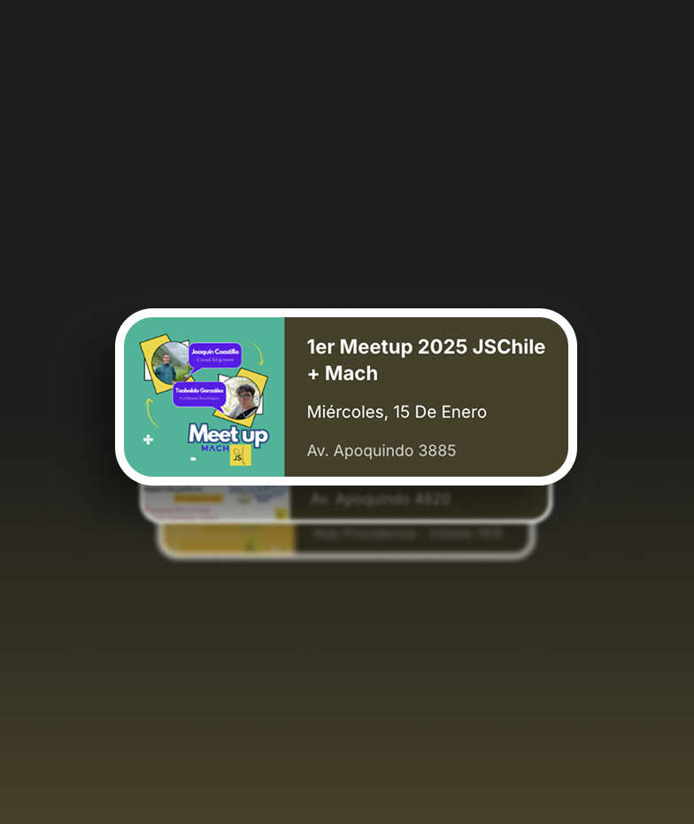 Tarjeta de evento del 1er Meetup 2025 JSChile + Mach sobre fondo oscuro.
