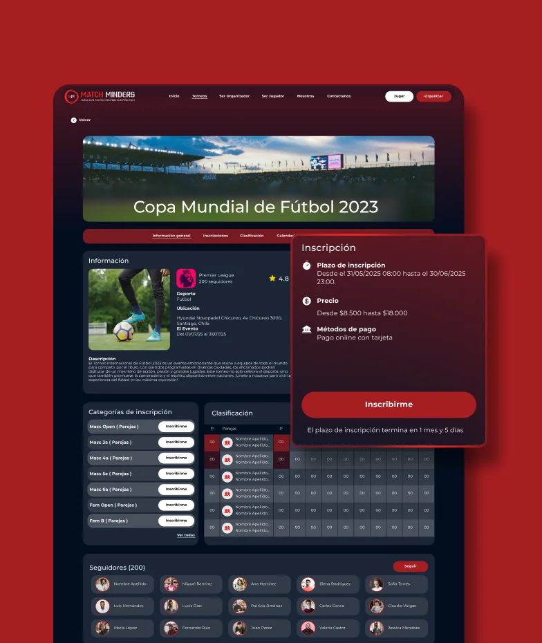 Panel de administración avanzada de MatchMinders mostrando vista de horarios con canchas y partidos en vivo, finalizados y próximos.