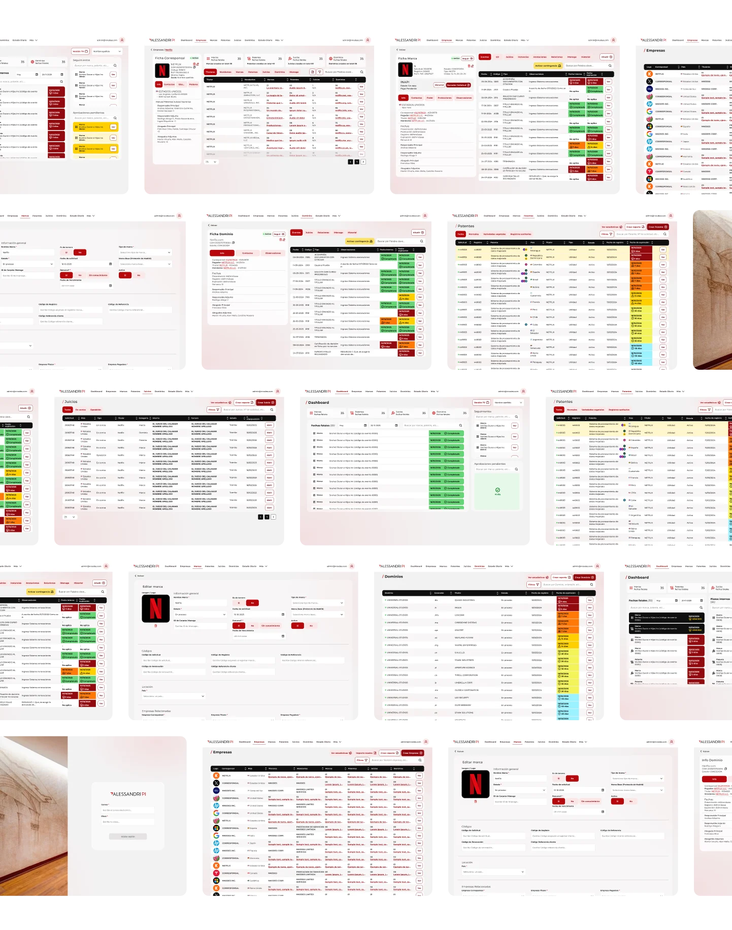 Varias capturas de pantalla de una aplicación web de gestión de marcas, empresas y patentes con tablas, filtros y opciones para editar información.
