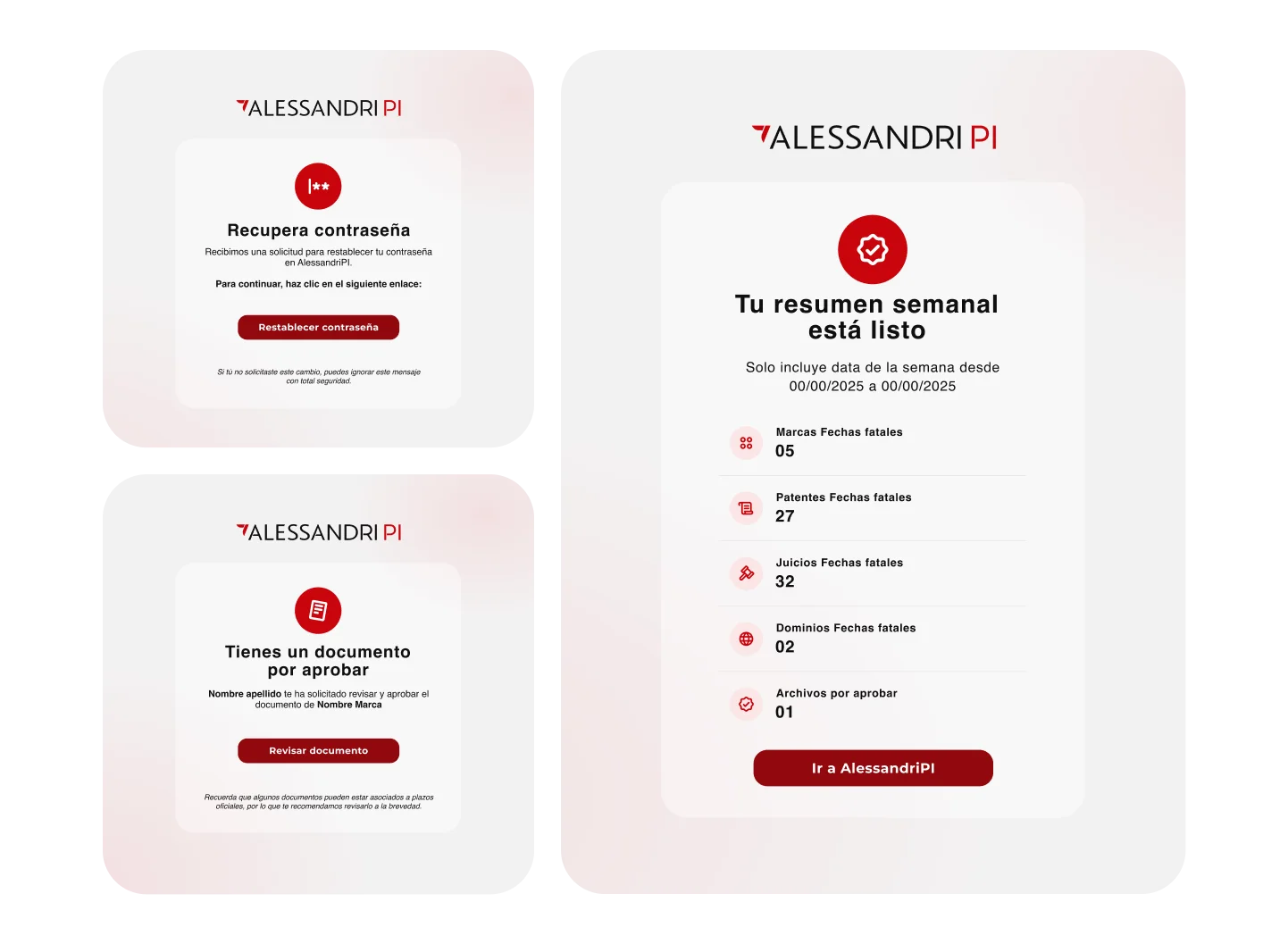 Tres pantallas de interfaz de AlessandriPI: recuperación de contraseña con botón rojo, notificación de documento por aprobar con botón rojo, y resumen semanal con datos y botón para acceder a AlessandriPI.