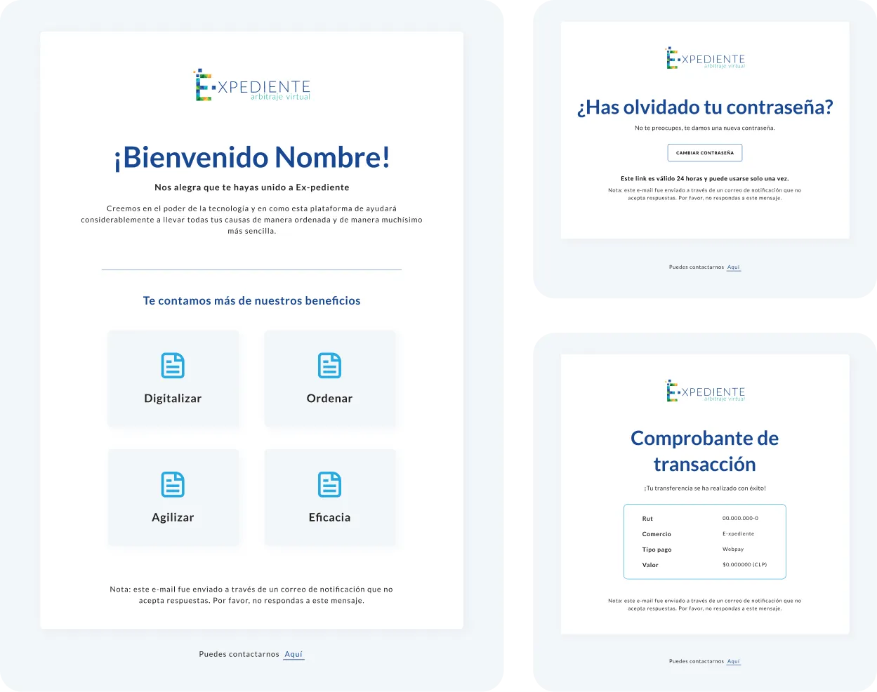 Página de bienvenida a Ex-pediente con beneficios, y mensajes de recuperación de contraseña y comprobante de transacción.