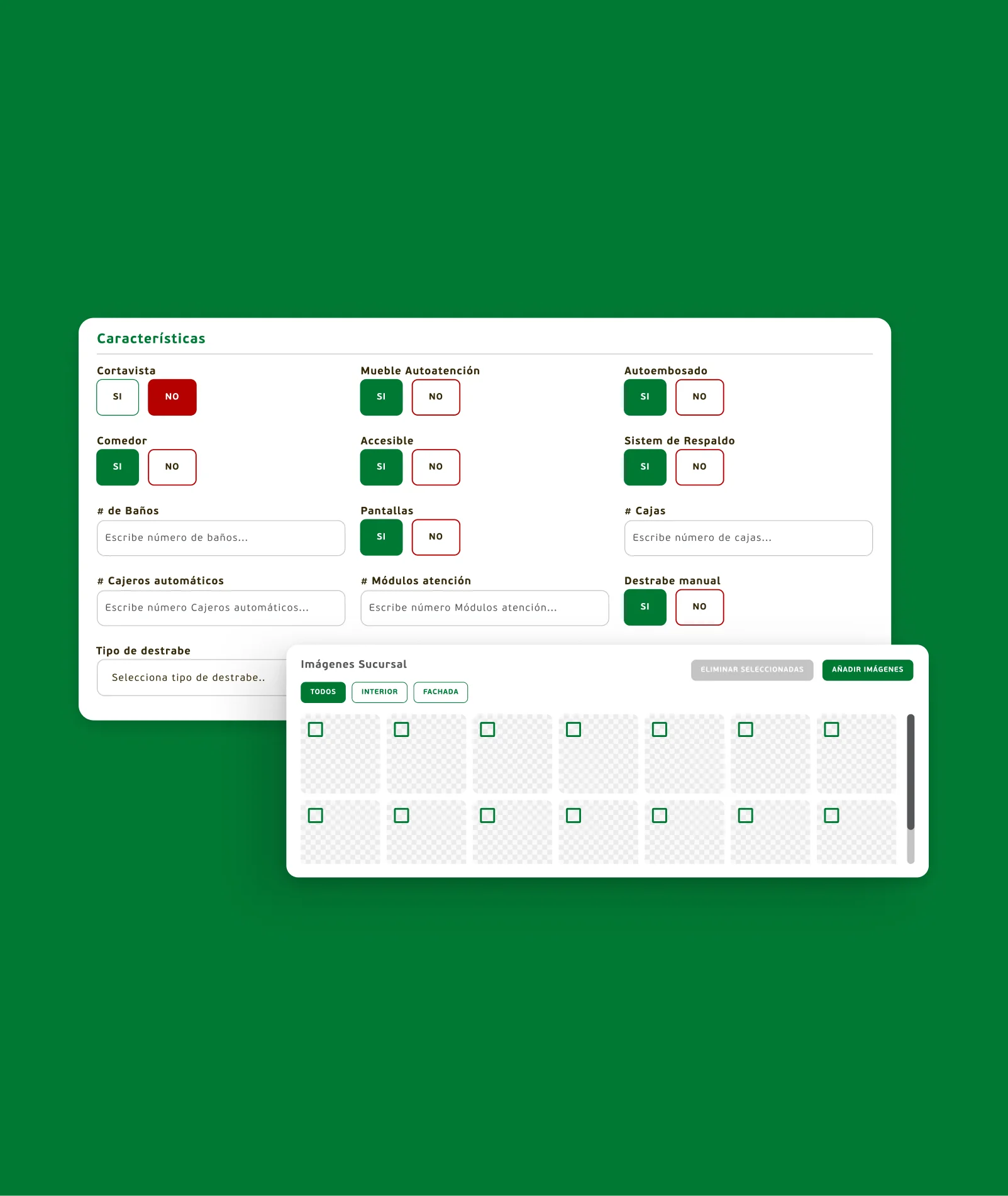 Dashboard de IPS con listado de sucursales de Banco Falabella, filtros por área, columnas de datos y acciones de exportación