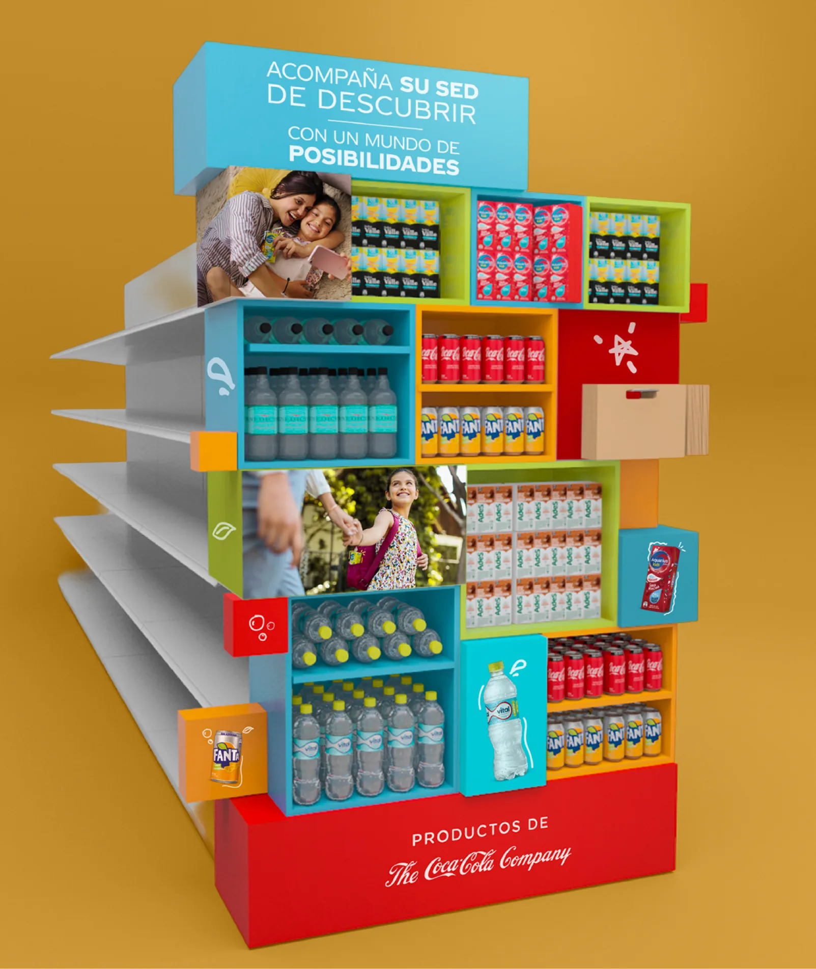 Exhibidor isla completo de la Plataforma KIDS con bloques celeste, verde, naranja y rojo, mostrando Del Valle, Ades, Aquarius Kids, Vital, Coca-Cola y Fanta bajo el endorsement The Coca-Cola Company.