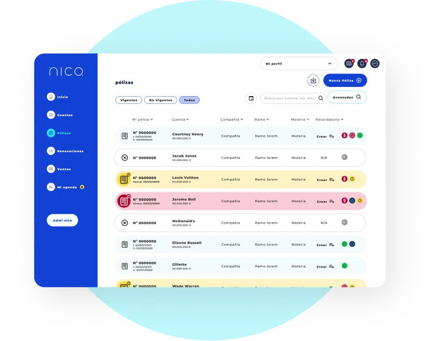 Interfaz de un sistema de gestión de pólizas con lista de pólizas que muestra nombre, compañía, ramo, materia y recordatorio, con filtros para vigentes, no vigentes y todas.