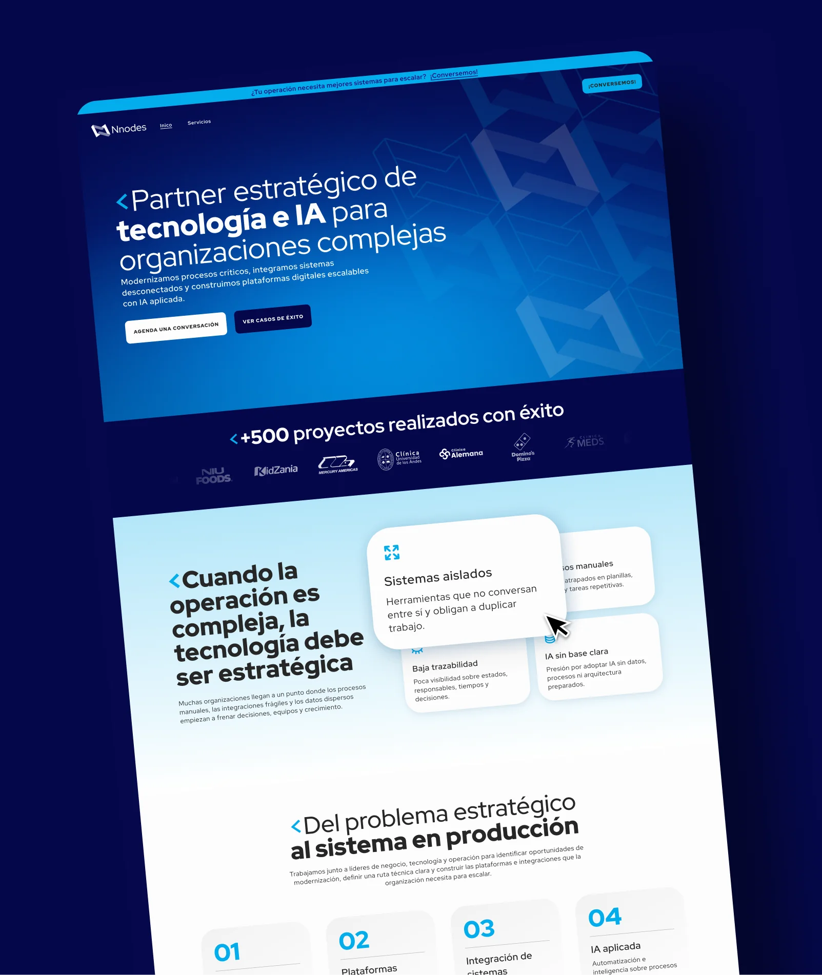 Mockup desktop del sitio Nnodes con el hero Partner estratégico de tecnología e IA para organizaciones complejas y la sección de problema estratégico.