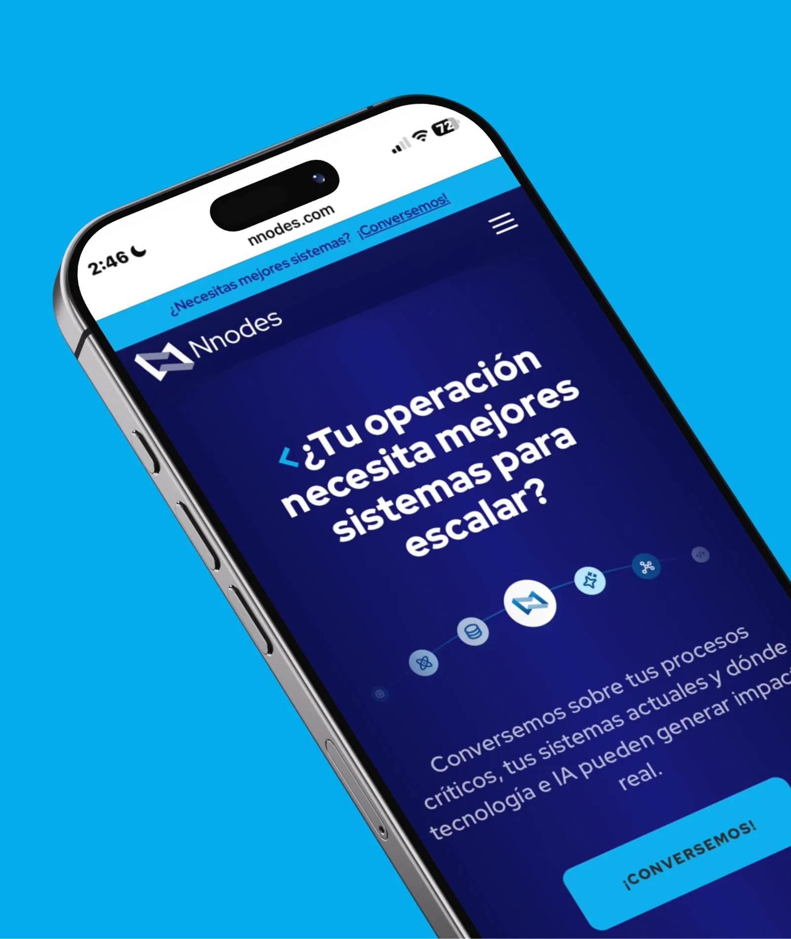 Mockup móvil del sitio Nnodes mostrando la landing en iPhone con el titular ¿Tu operación necesita mejores sistemas para escalar?.