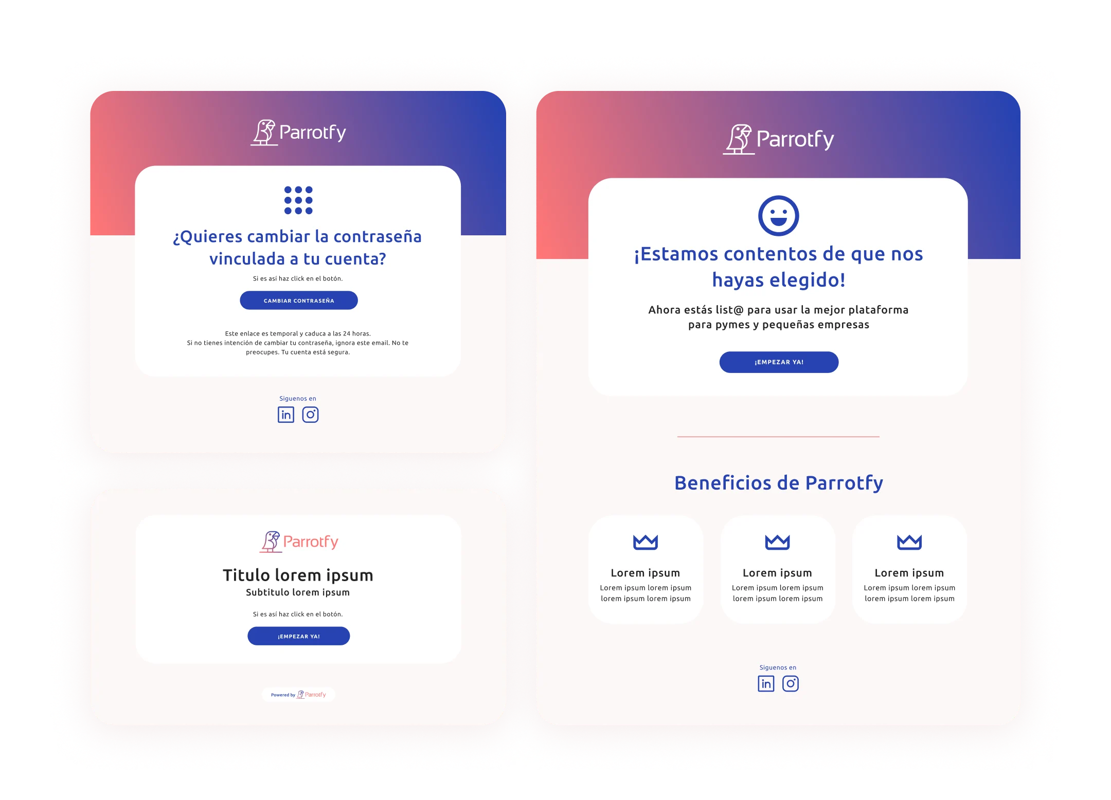 Ejemplo de boletines de Parrotfy mostrando correos para cambio de contraseña, bienvenida y beneficios para pymes.