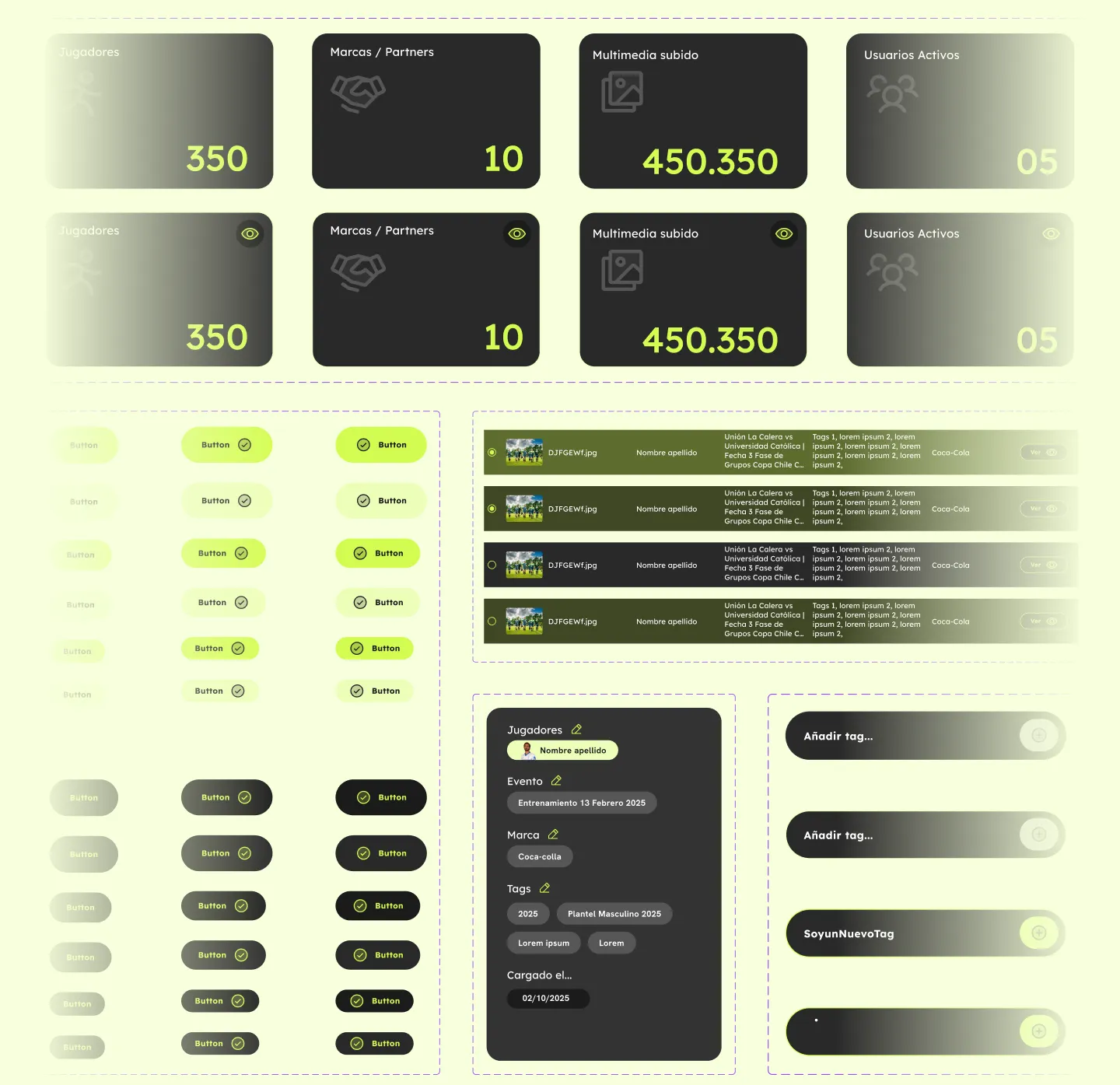 Componentes y pantallas de la plataforma PlayerSnap.