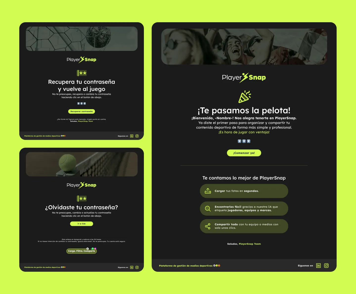 Sistema de notificaciones y correos de la plataforma PlayerSnap.