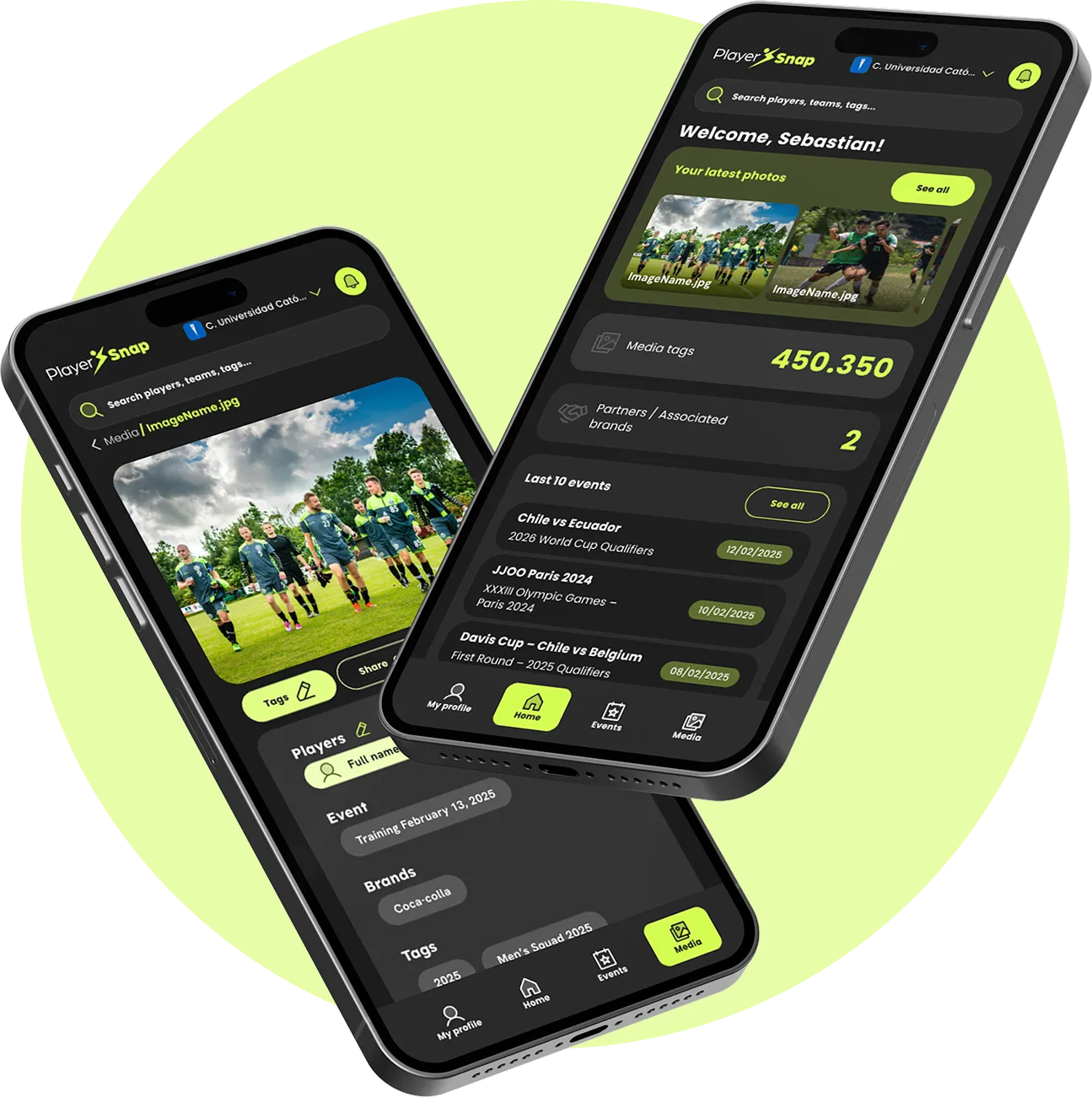 Vista móvil de PlayerSnap mostrando la interfaz de distribución de contenido deportivo.