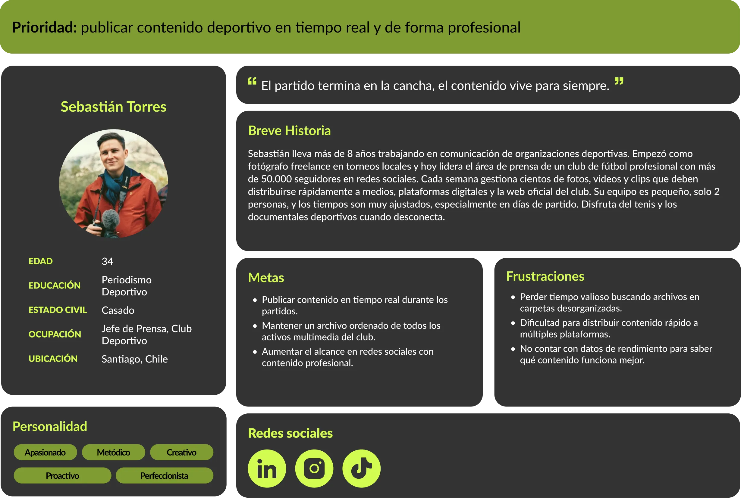 Perfil de usuario objetivo de PlayerSnap: director de contenido o comunicaciones de una organización deportiva.