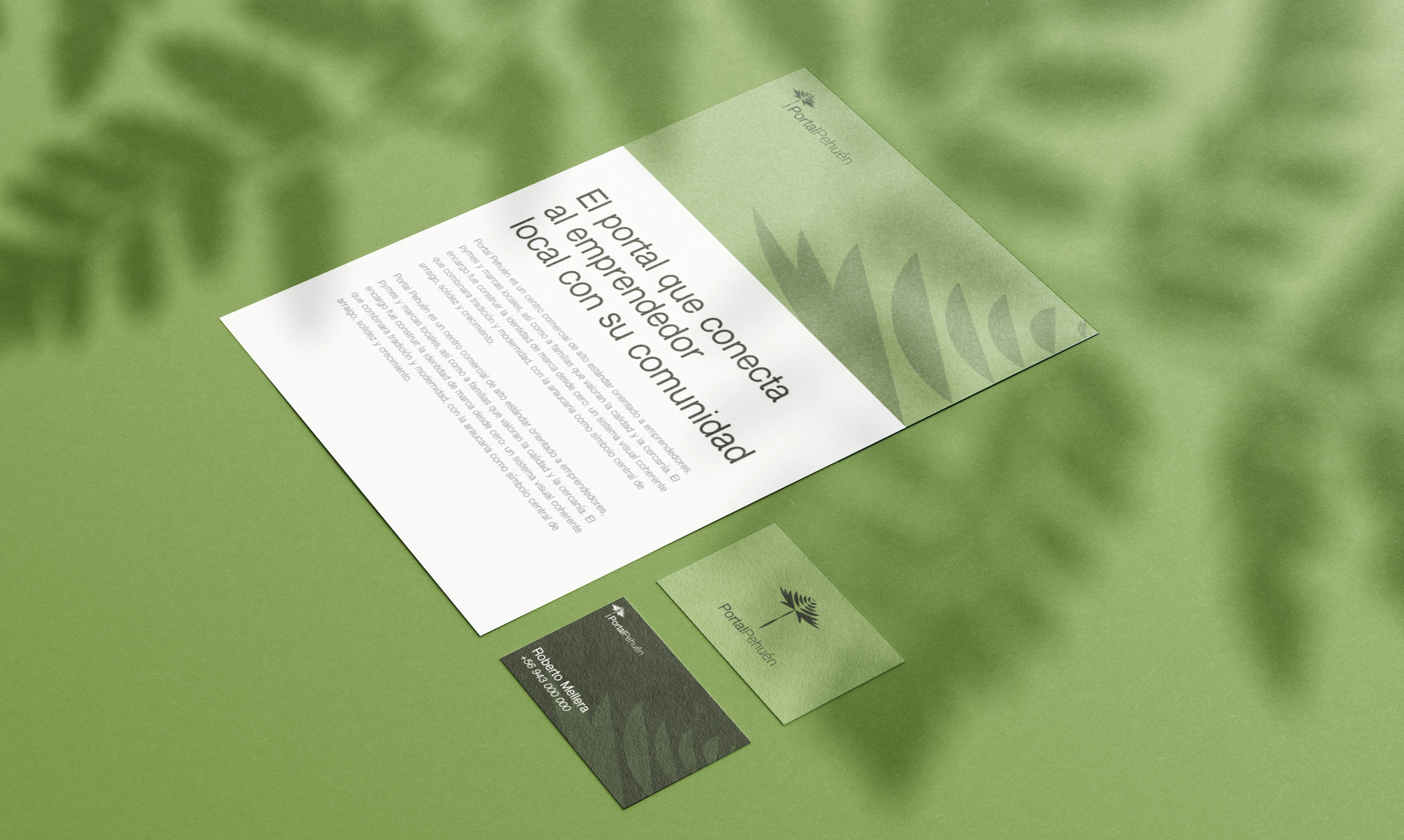 Mockup de papelería corporativa Portal Pehuén: hoja membretada y tarjetas de presentación.