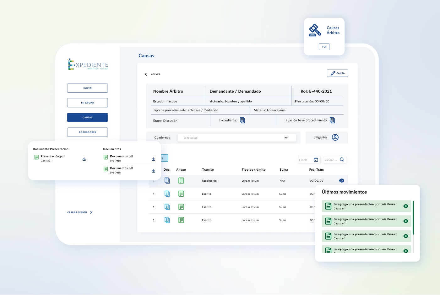Interfaz de expediente virtual que muestra causas, documentos en PDF para descargar y últimos movimientos.