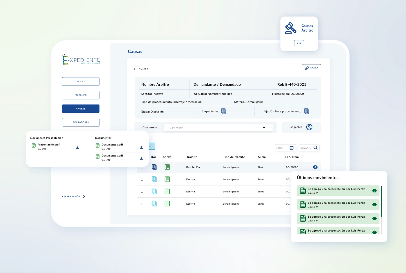 Pantalla de E-xpediente, plataforma legaltech para gestión de arbitrajes diseñada por Erika Pinedo