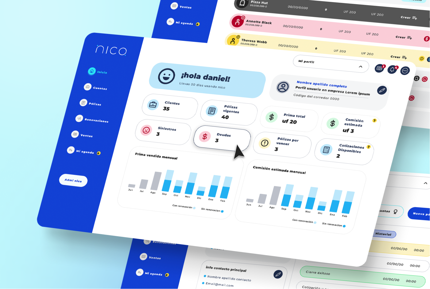 Pantalla de la plataforma SaaS B2B de NICO Seguros diseñada por Erika Pinedo