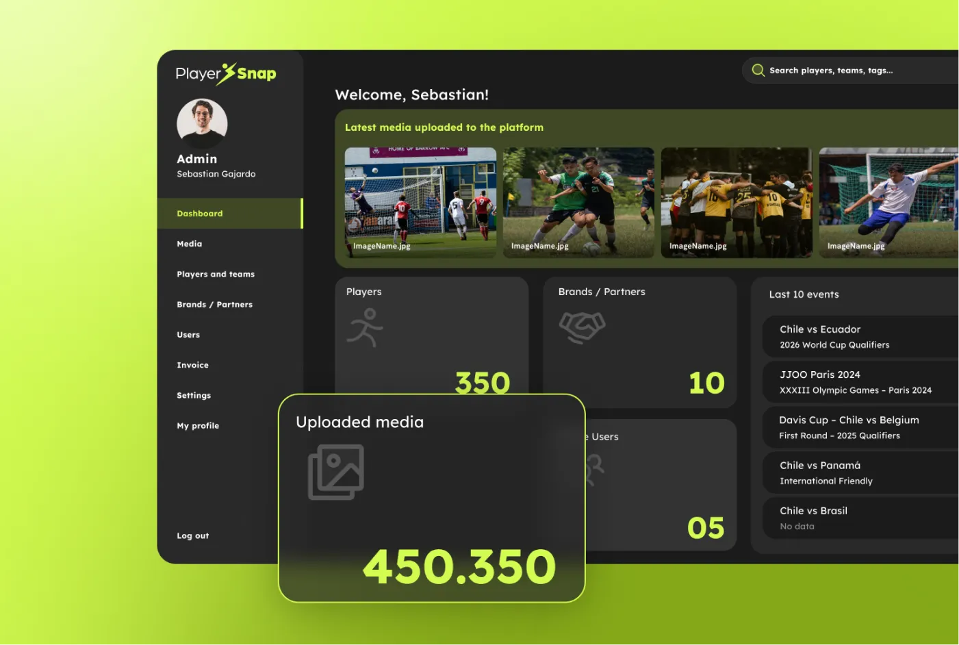 Interfaz de PlayerSnap mostrando panel de gestión de activos digitales para organizaciones deportivas.