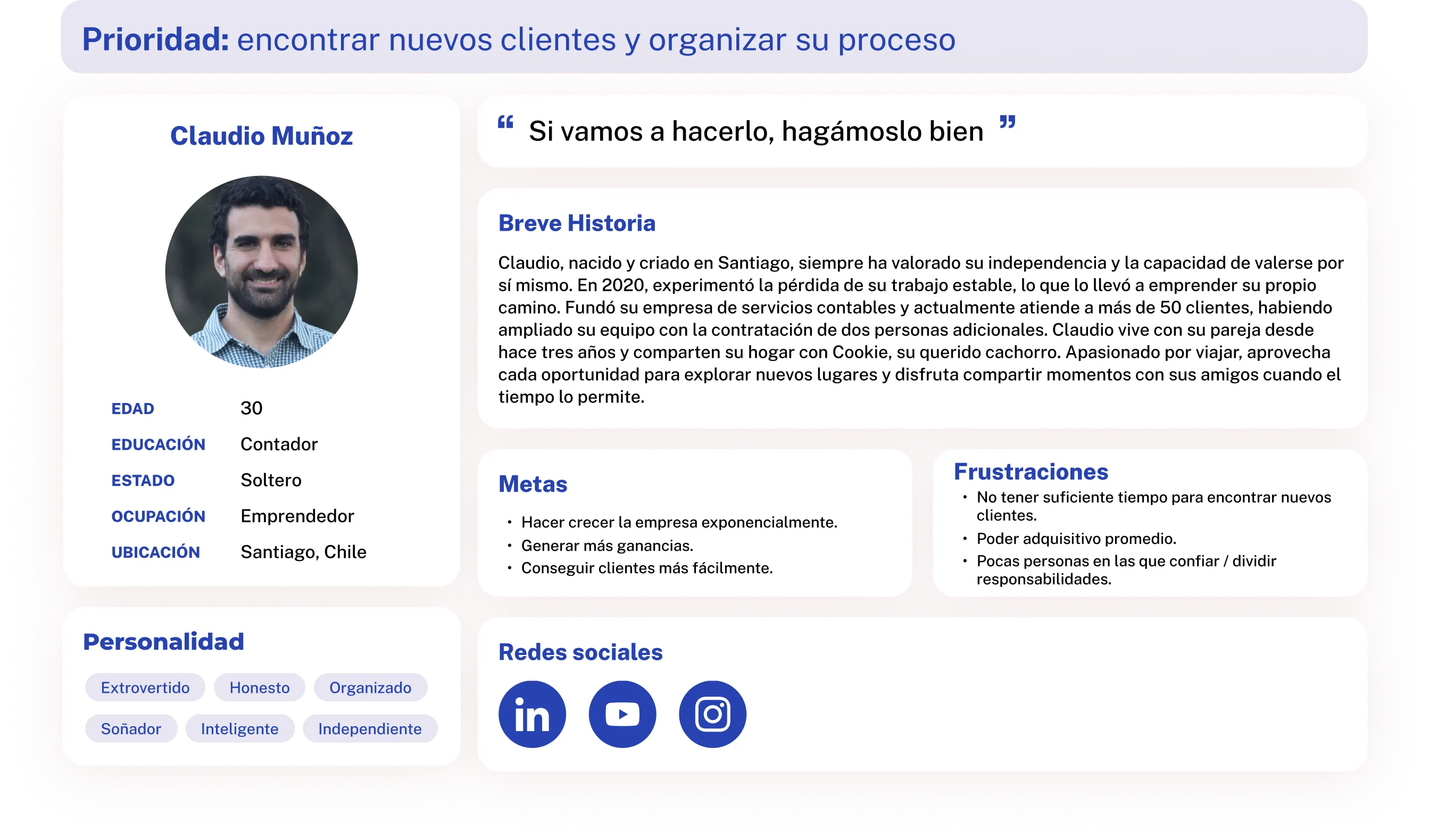 Perfil de Claudio Muñoz, emprendedor de 30 años en Santiago, con metas y frustraciones sobre crecimiento y clientes.