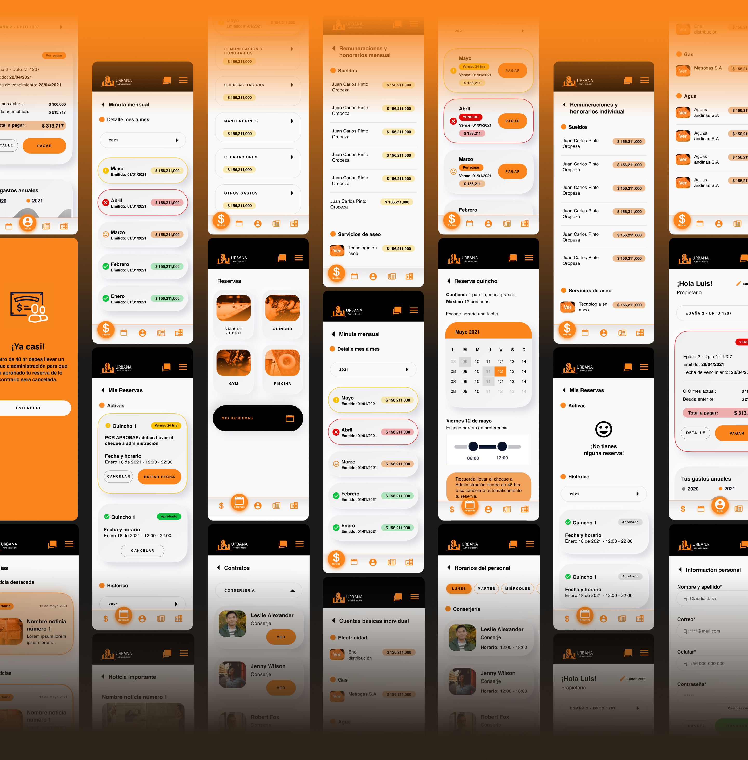 Vista panorámica de todas las pantallas diseñadas para Urbana Administración: minutas, reservas, personal, gastos, contratos y notificaciones.