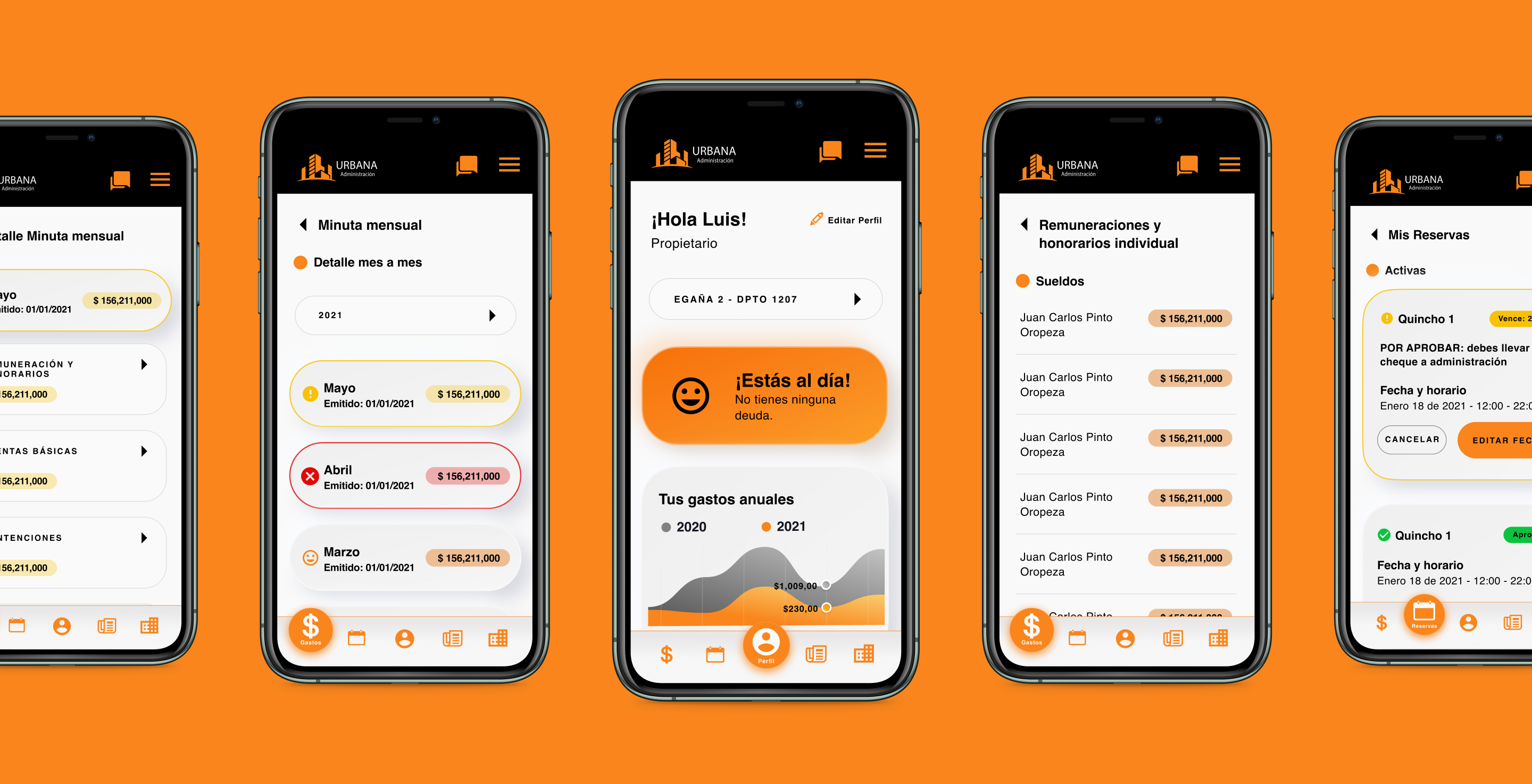Cinco pantallas principales de Urbana Administración: dashboard, minuta mensual, remuneraciones, reservas y módulo de gastos sobre fondo naranja.