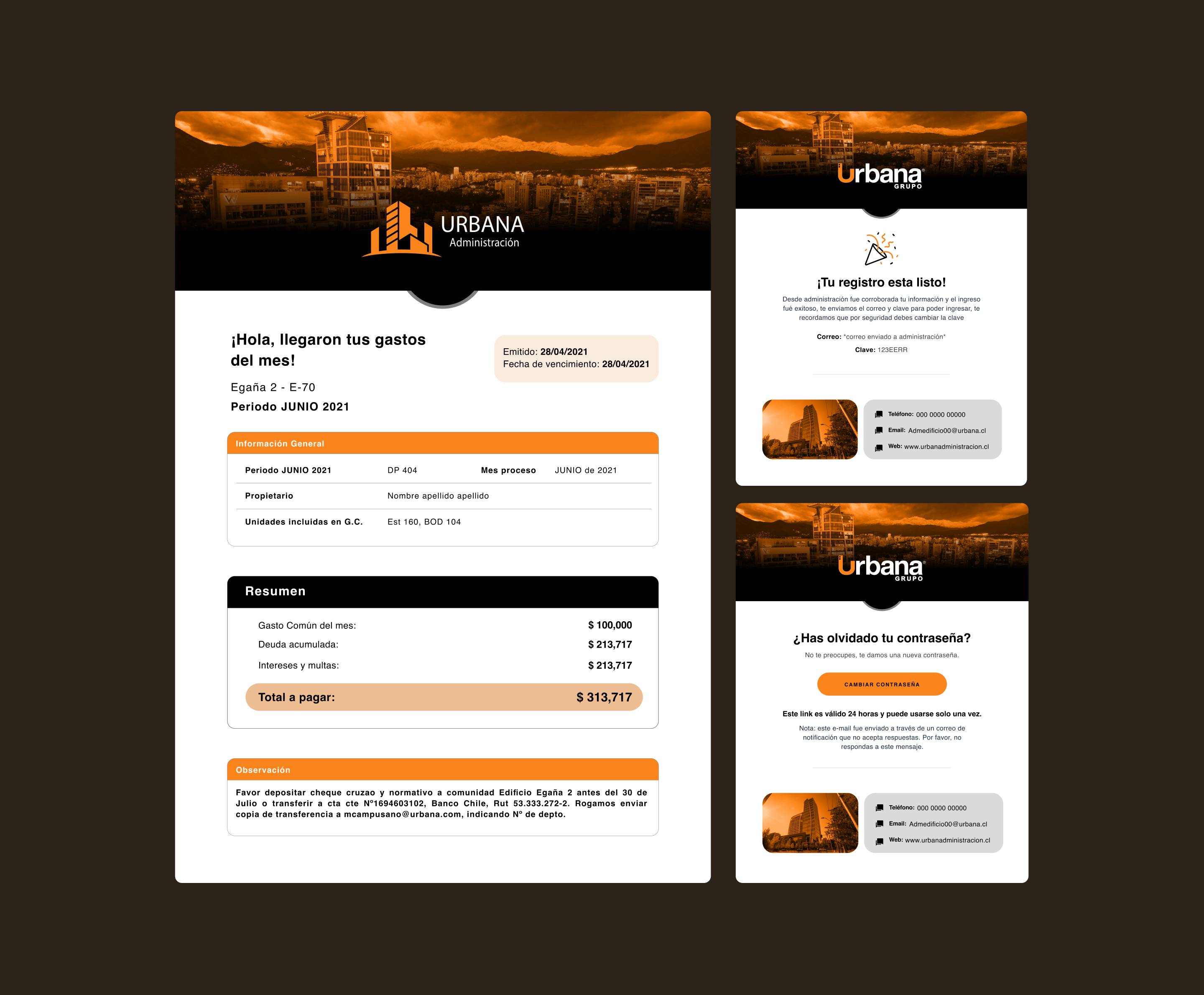 Plantillas de correo electrónico de Urbana Administración: informe mensual de gastos comunes, correo de bienvenida y recuperación de contraseña.