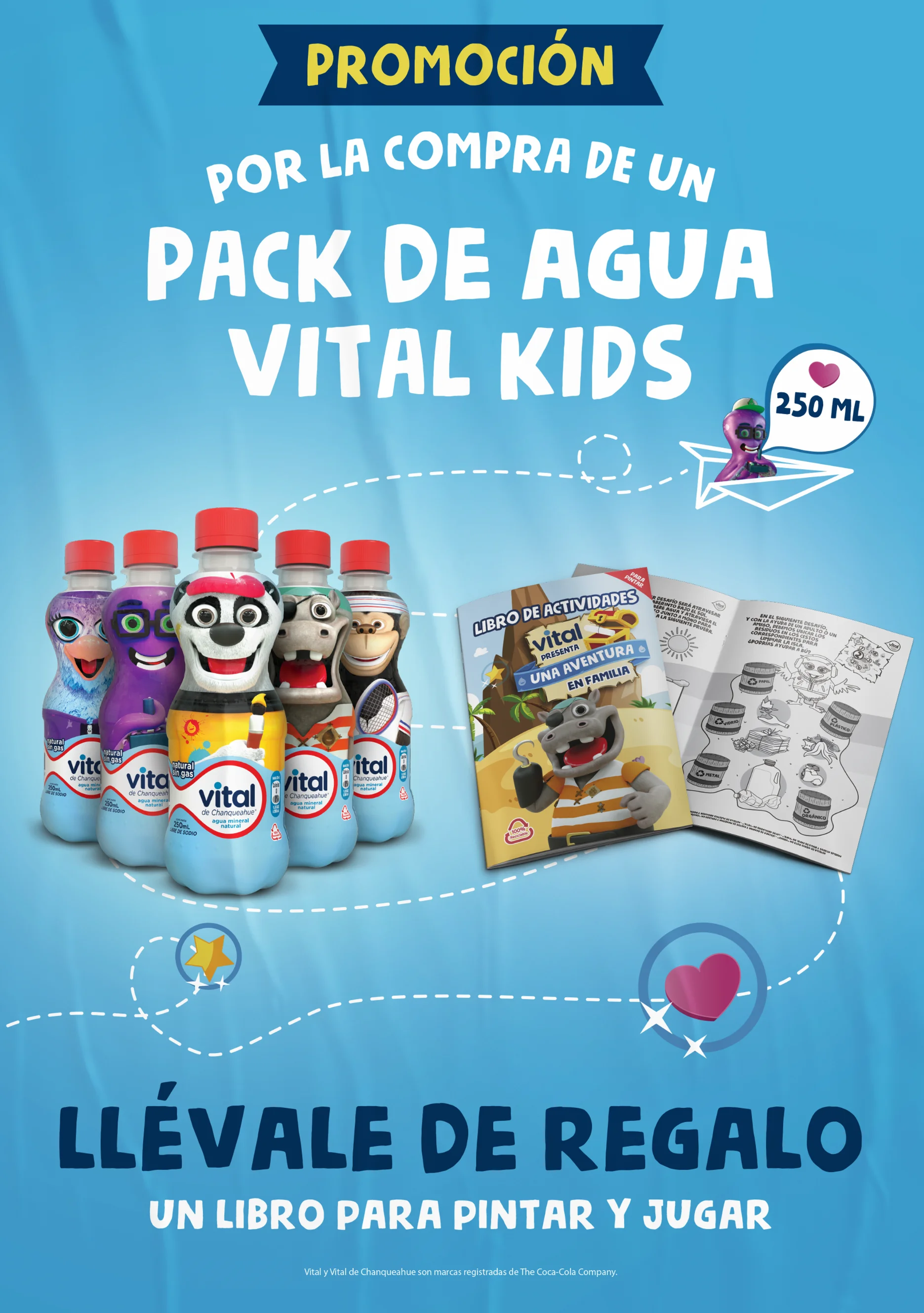 Afiche de producto Vital Kids: nuevo formato de agua sin gas con 5 diseños coleccionables.